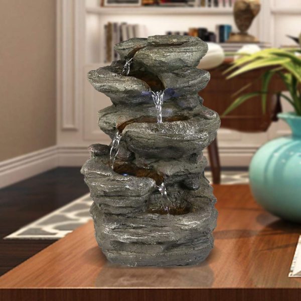 BBabe Staggered Rock Cascading Fountain 11", 5-Tiered Feng Shui Rocky Water Falls Tabletop Water Fountain with LED Lights for Home Office Decor