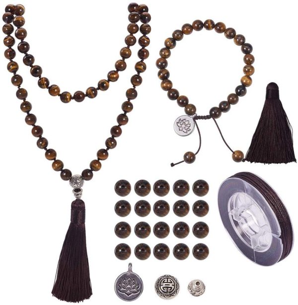 SUNNYCLUE 1 Set 108 Tiger Eye Gemstone Mala Beads/Buddha Beaded Necklace Jewelry Making Kit - DIY Make 1 Hand Knotted Prayer Tassel Pendant Necklace and 1 Adjustable Mala Wrap Beaded Bracelet