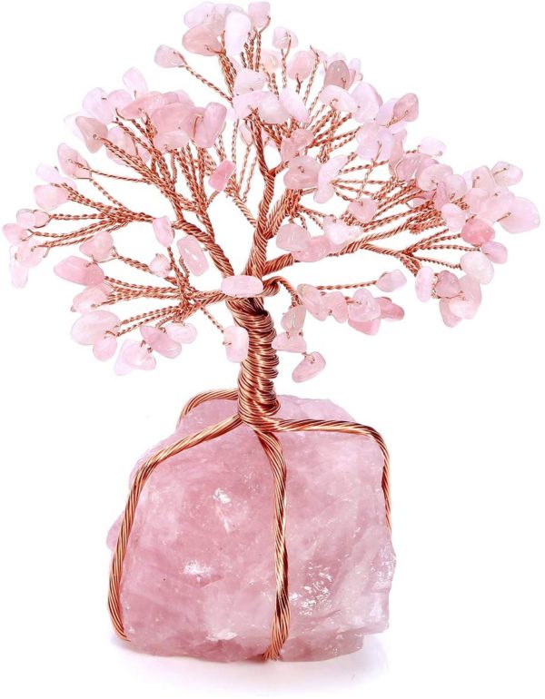 Top Plaza Chakra Healing Crystals Copper Money Tree Wrapped On Natural Rose Quartz Base Feng Shui Luck Figurine