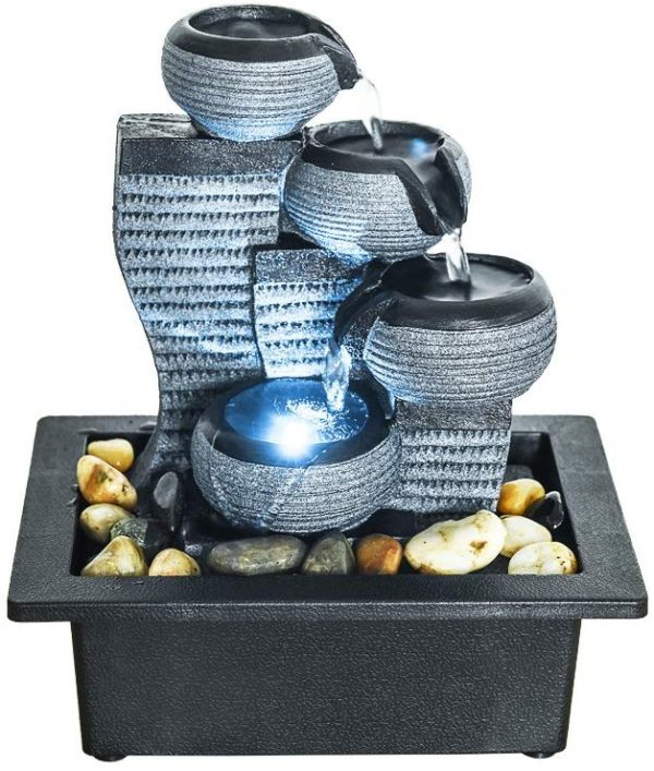 SunJet 4-Tier Desktop Water Fountain Submersible Pump Indoor Decoration – Portable Tabletop Decorative Waterfall Kit - Soothing Relaxation, Zen Meditation Ambient Office Home (10" H-Right)