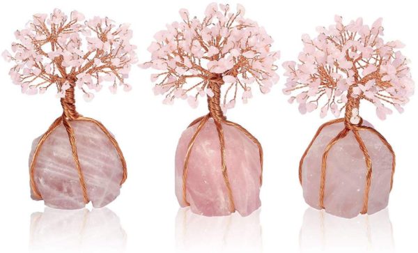 Top Plaza Chakra Healing Crystals Copper Money Tree Wrapped On Natural Rose Quartz Base Feng Shui Luck Figurine - Image 2