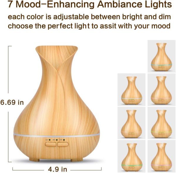 OliveTech Aroma Essential Oil Diffuser, 150ml Wood Grain Aromatherapy Diffuser Ultrasonic Cool Mist Humidifier with 7 Color Changing LED Lights and Waterless Auto Shut-off for Home Office Bedroom Baby - Image 2