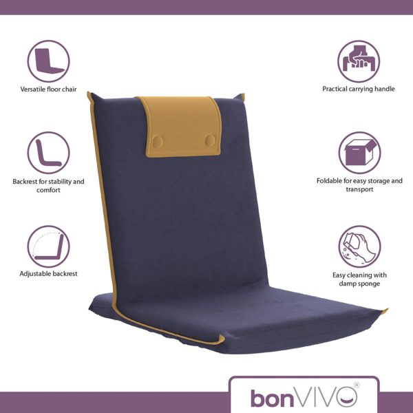 bonVIVO Easy III Padded Floor Chair Portable with Handle, Comfortable, Folding Chair, for Meditation, Stadium, Bleachers, Reading, Bed, Couch or Gaming, Elegant Design, Blue & Beige - Image 3