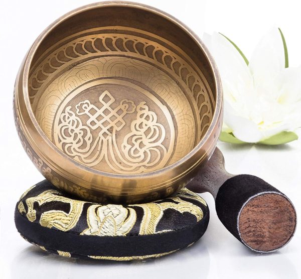 Silent Mind ~ Tibetan Singing Bowl Set ~ Bronze Mantra Design ~ With Dual Surface Mallet and Silk Cushion ~ Promotes Peace, Chakra Healing, and Mindfulness ~ Exquisite Gift