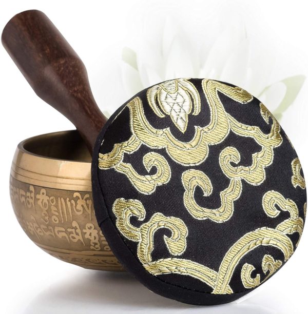 Silent Mind ~ Tibetan Singing Bowl Set ~ Bronze Mantra Design ~ With Dual Surface Mallet and Silk Cushion ~ Promotes Peace, Chakra Healing, and Mindfulness ~ Exquisite Gift - Image 2
